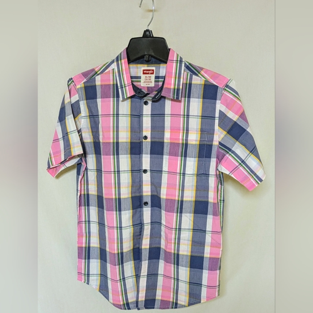 Wrangler boys button up cotton shirt, blue/salmon/white plaid color, XL(14-16)